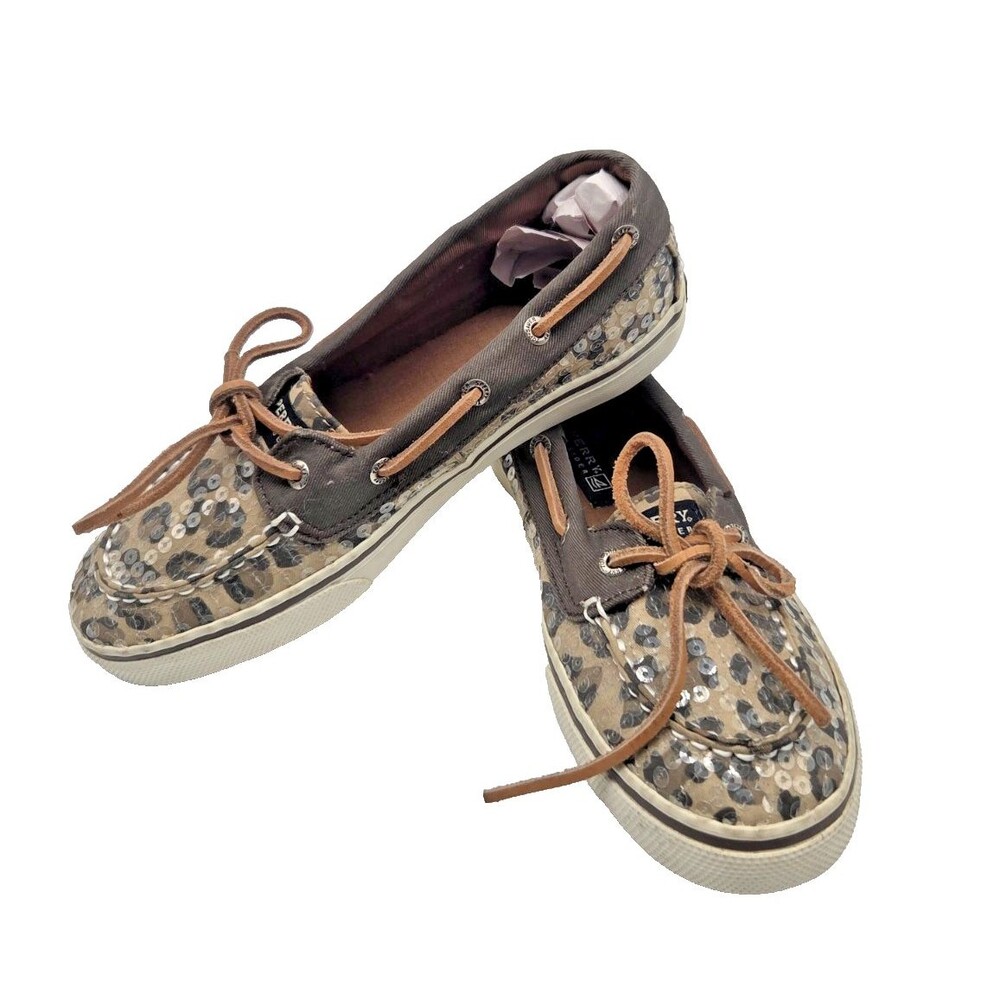 Sperry Bahama Skimmer Boat Shoes Womens 3 M Leopard Sequin Tan Casual Slip On